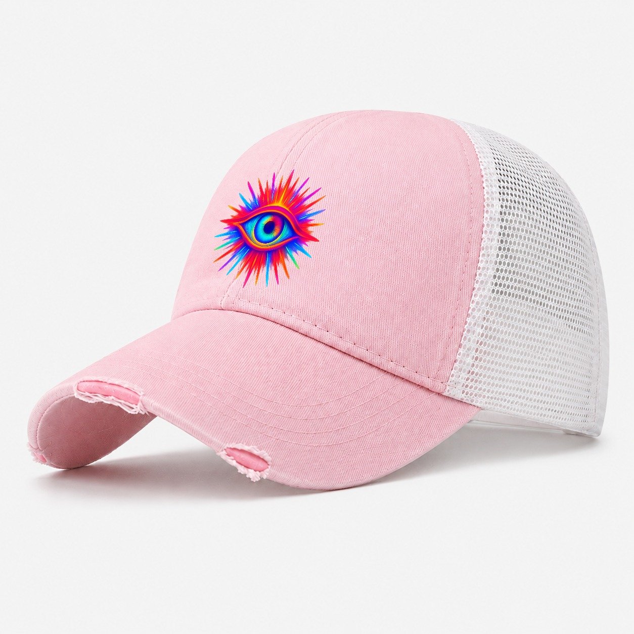 Rainbow Third Eye Prismatic Eye Radiating Spectrum Colors Re Washed Trucker Hat – Light Pink