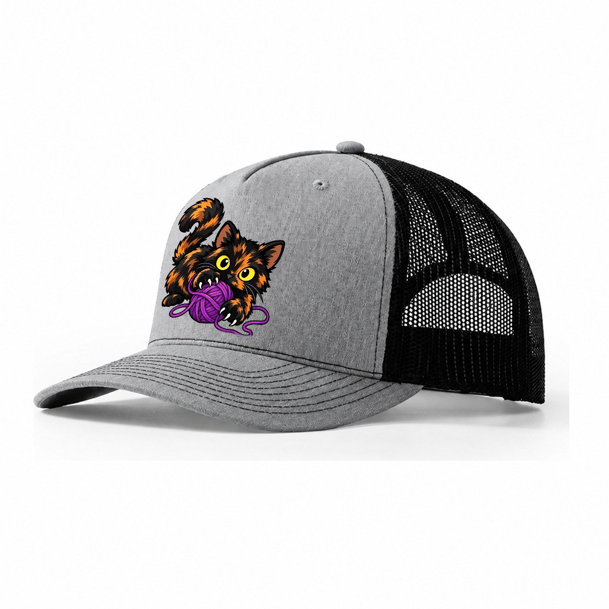 Tortoiseshell Playing Yarn Peeking Cats Trucker Hat – Sport Grey Black