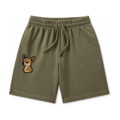 Chihuahua Modern Tiny Dog Logo With Bold Black Outline Washed Shorts – Army Green