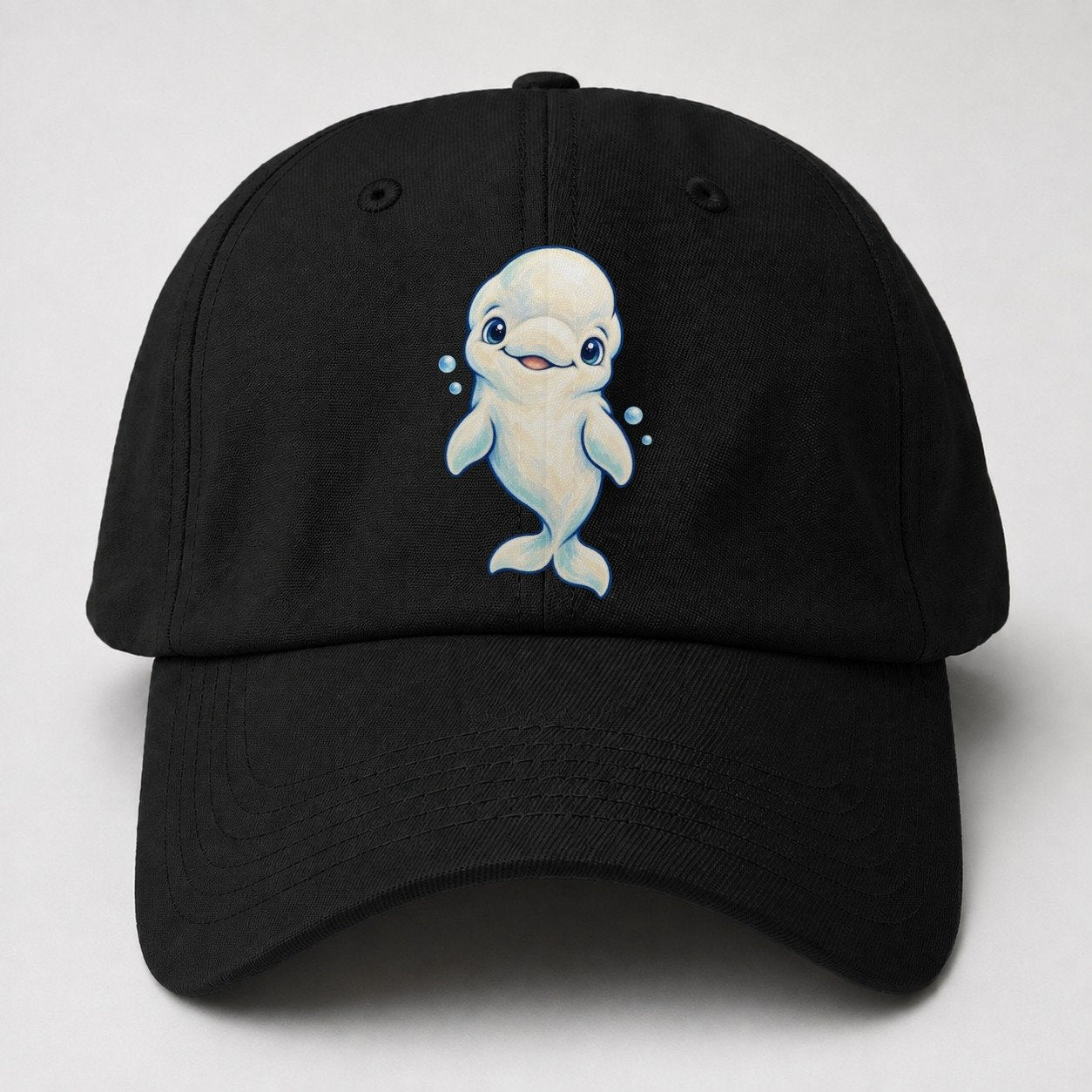 Beluga Whale Front Smile Sea Sprite Baseball Cap – Black
