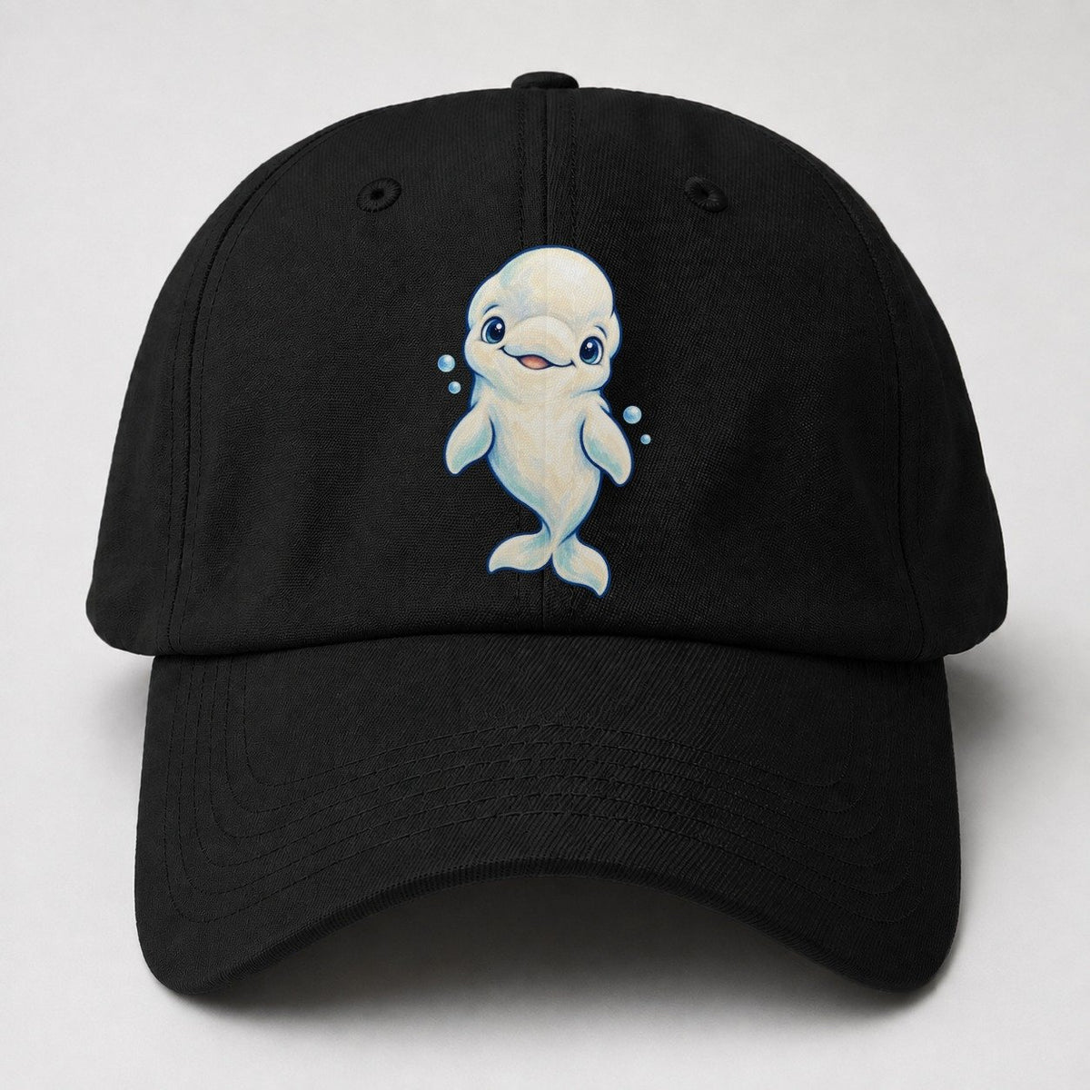 Beluga Whale Front Smile Sea Sprite Baseball Cap – Black