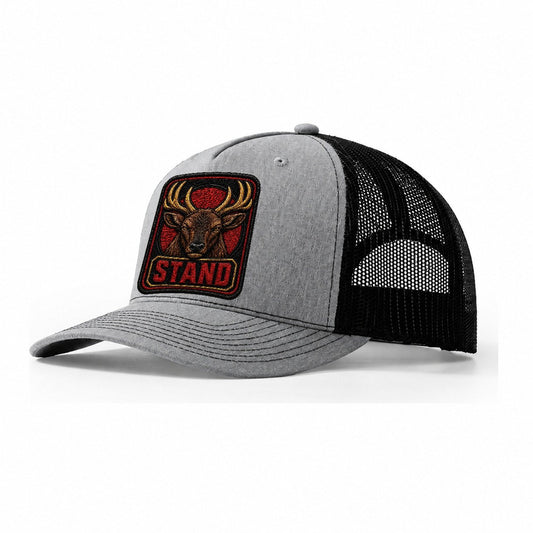 Elk Stand Badge Trucker Hat – Sport Grey Black