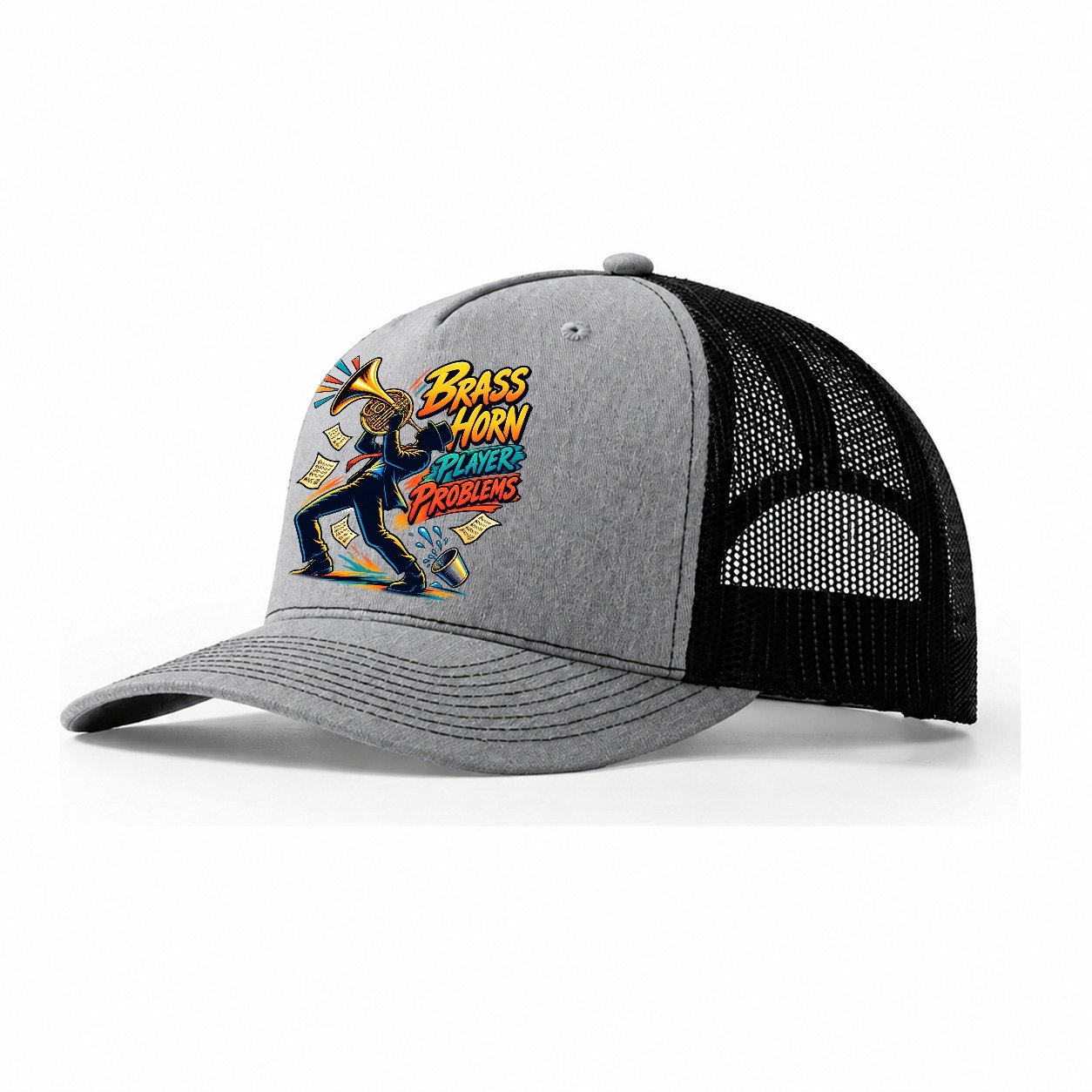 Brass Horn Player Problems Music Instruments Trucker Hat – Sport Grey Black
