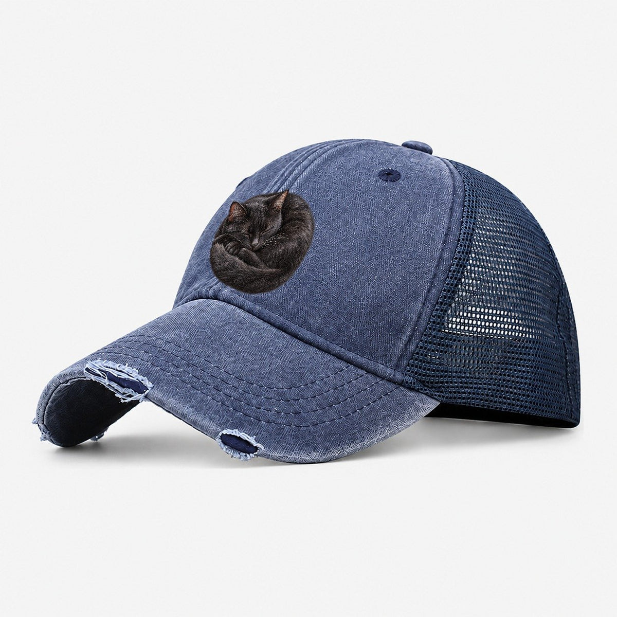 Black Cat Tail Crescent Nap Pastimes Companions Washed Trucker Hat – Navy