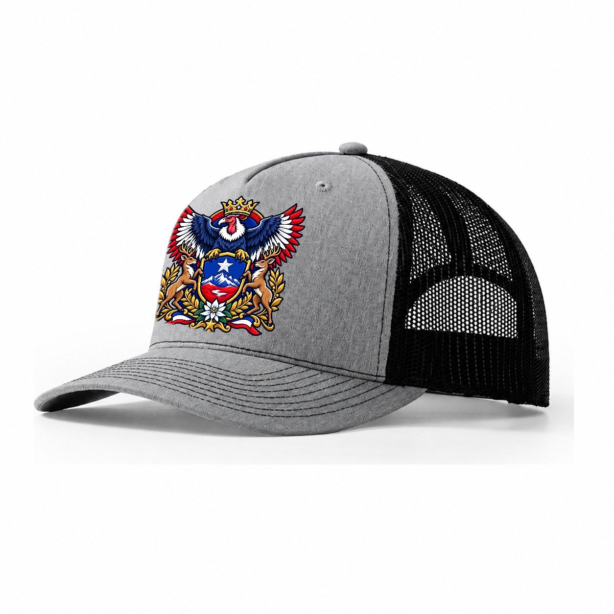 Chile Heraldic Crest Country Logos Trucker Hat – Sport Grey Black