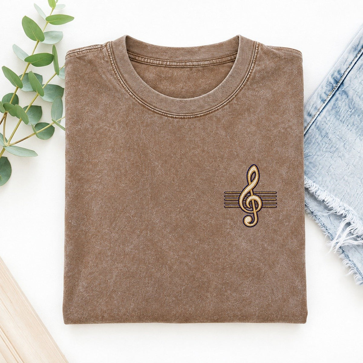 Treble Clef Symbol Emblems Left Chest Vintage T-shirt – Brown