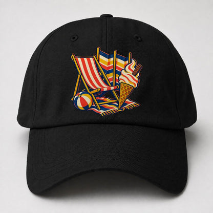 British Seaside Deckchair Windbreak And Ice Cream Uk Culture Heritage Baseball Cap – Black