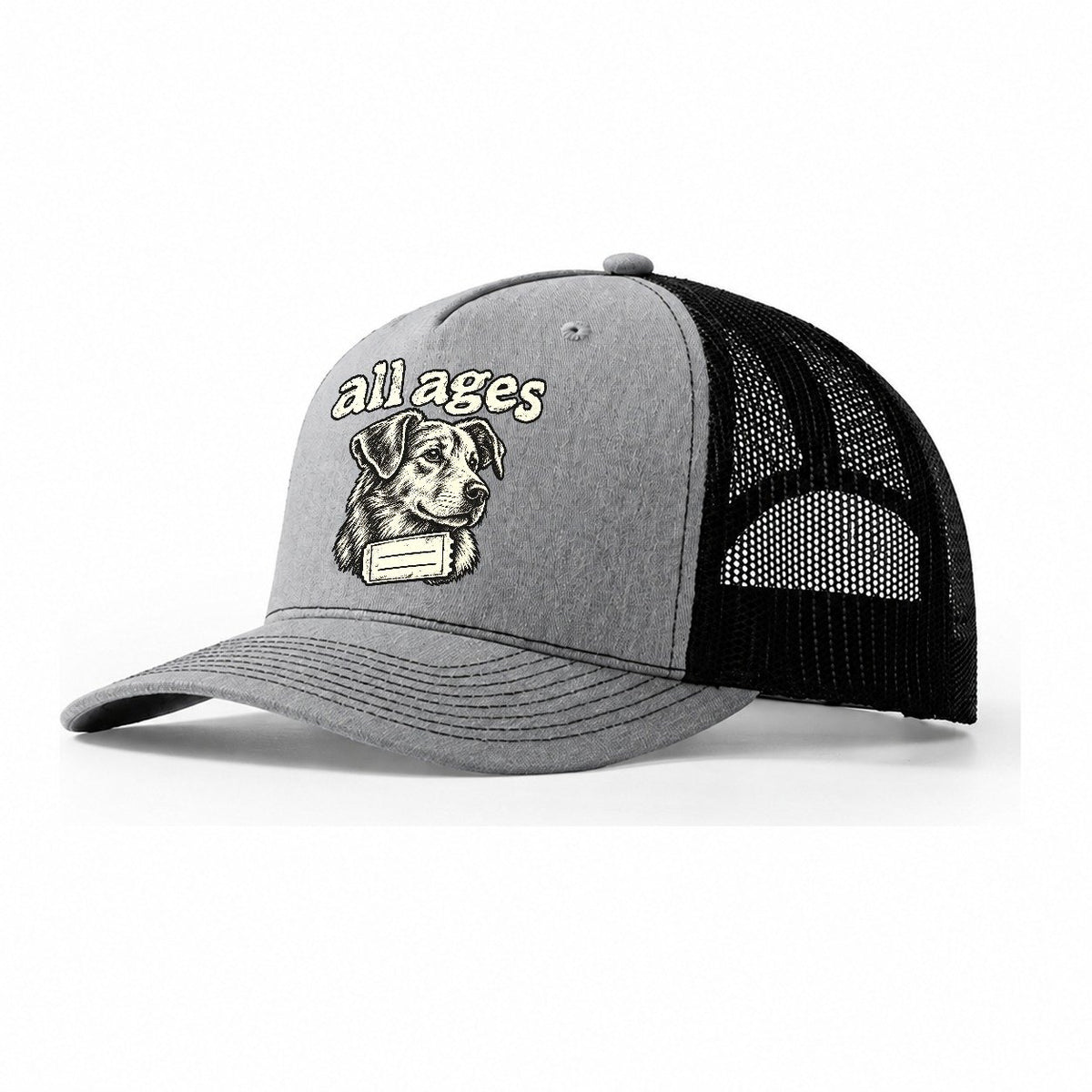 A Dog Head In Three Quarter View Above A Torn Ticket Stub Bark For Me Trucker Hat – Sport Grey Black