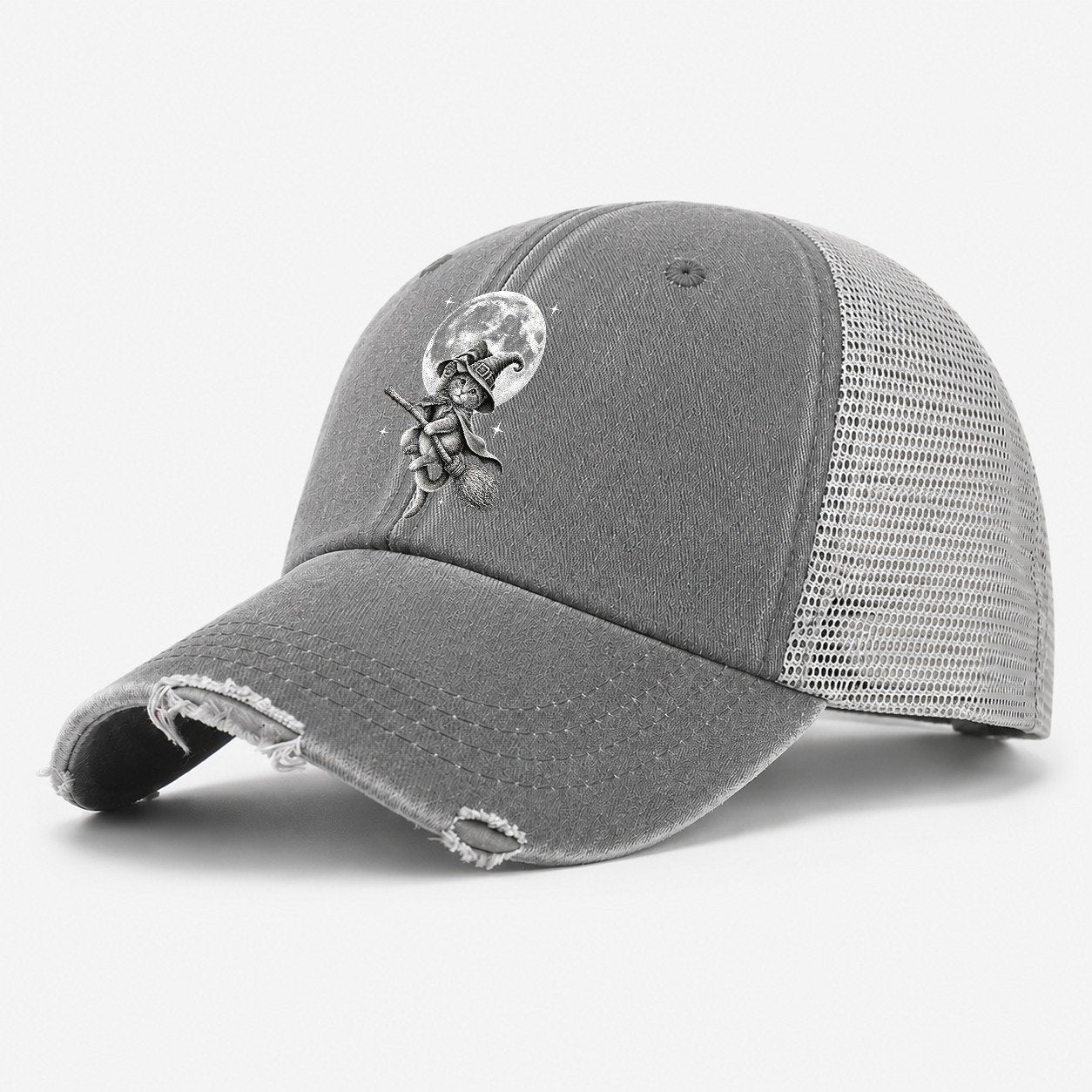 Witch On Broom Washed Trucker Hat – Grey