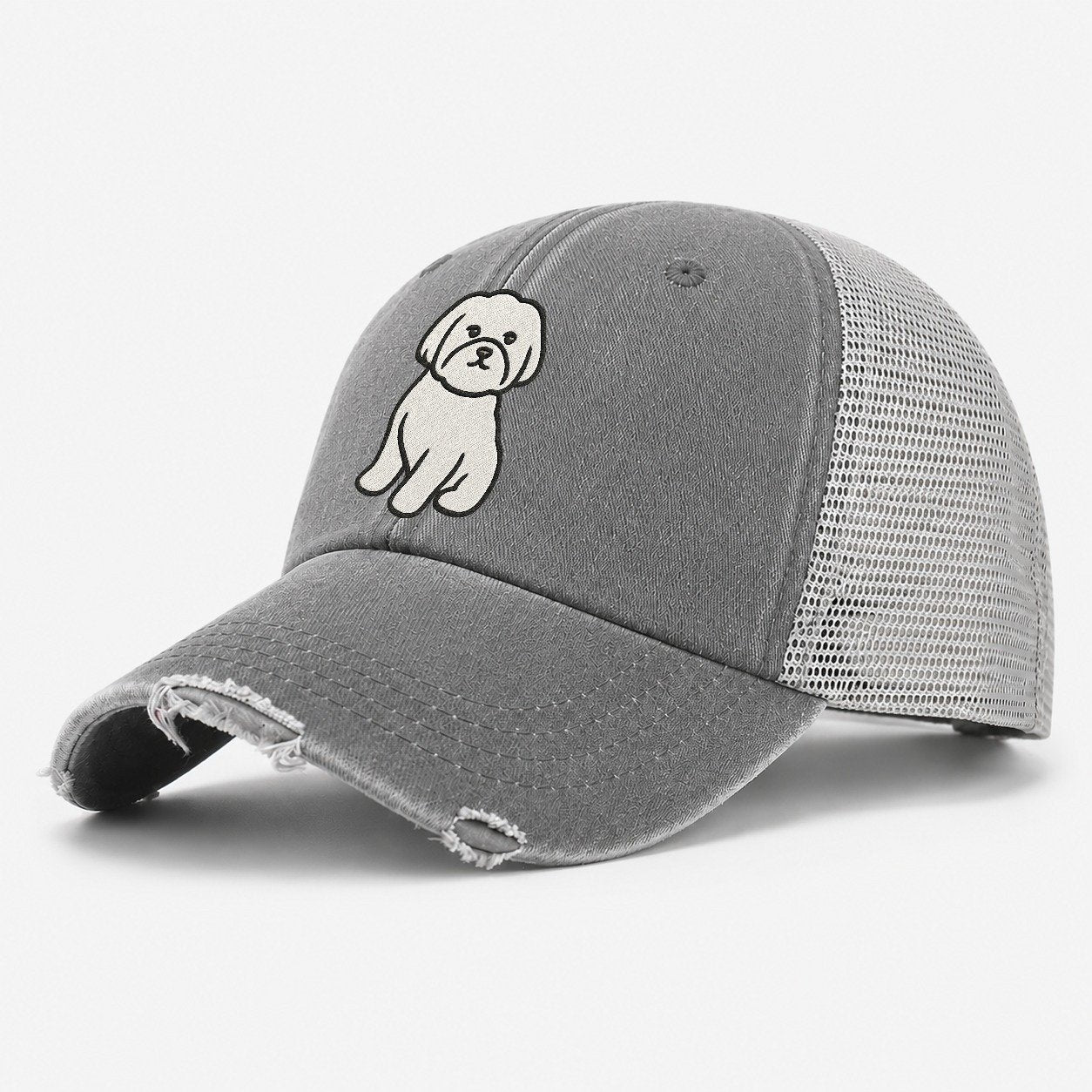 Maltese Pure White Fluffy Embroidered Design Washed Trucker Hat – Grey
