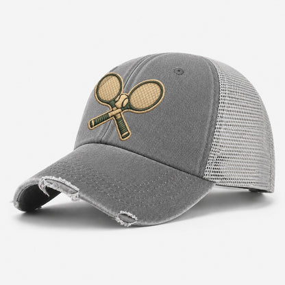 Embroidered Patch Design Tennis Racket Crossed Tennis Racket Washed Trucker Hat – Grey