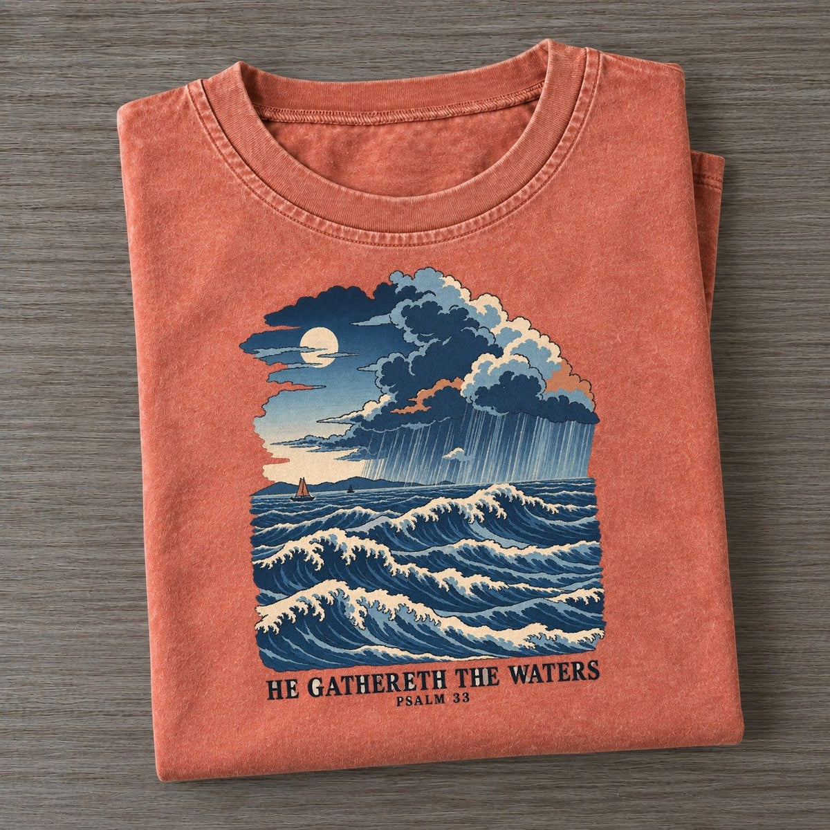 He Gathereth The Waters The Great Deep Vintage T-shirt – Terracotta