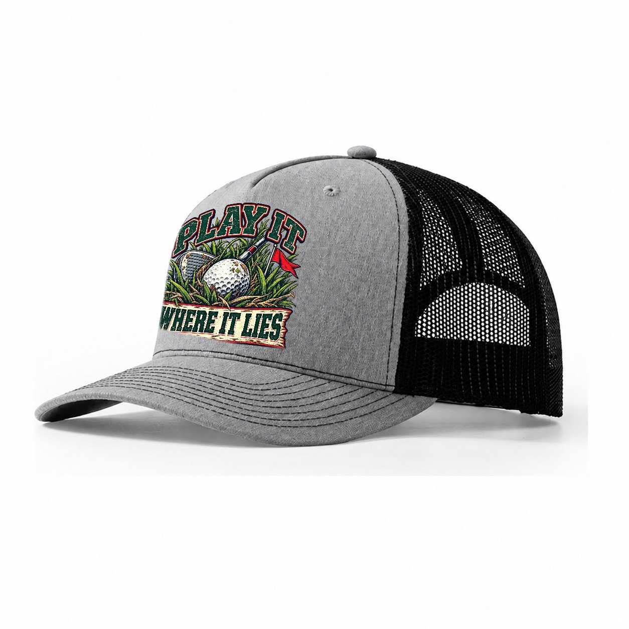 Play It Where It Lies Golf Life Trucker Hat – Sport Grey Black