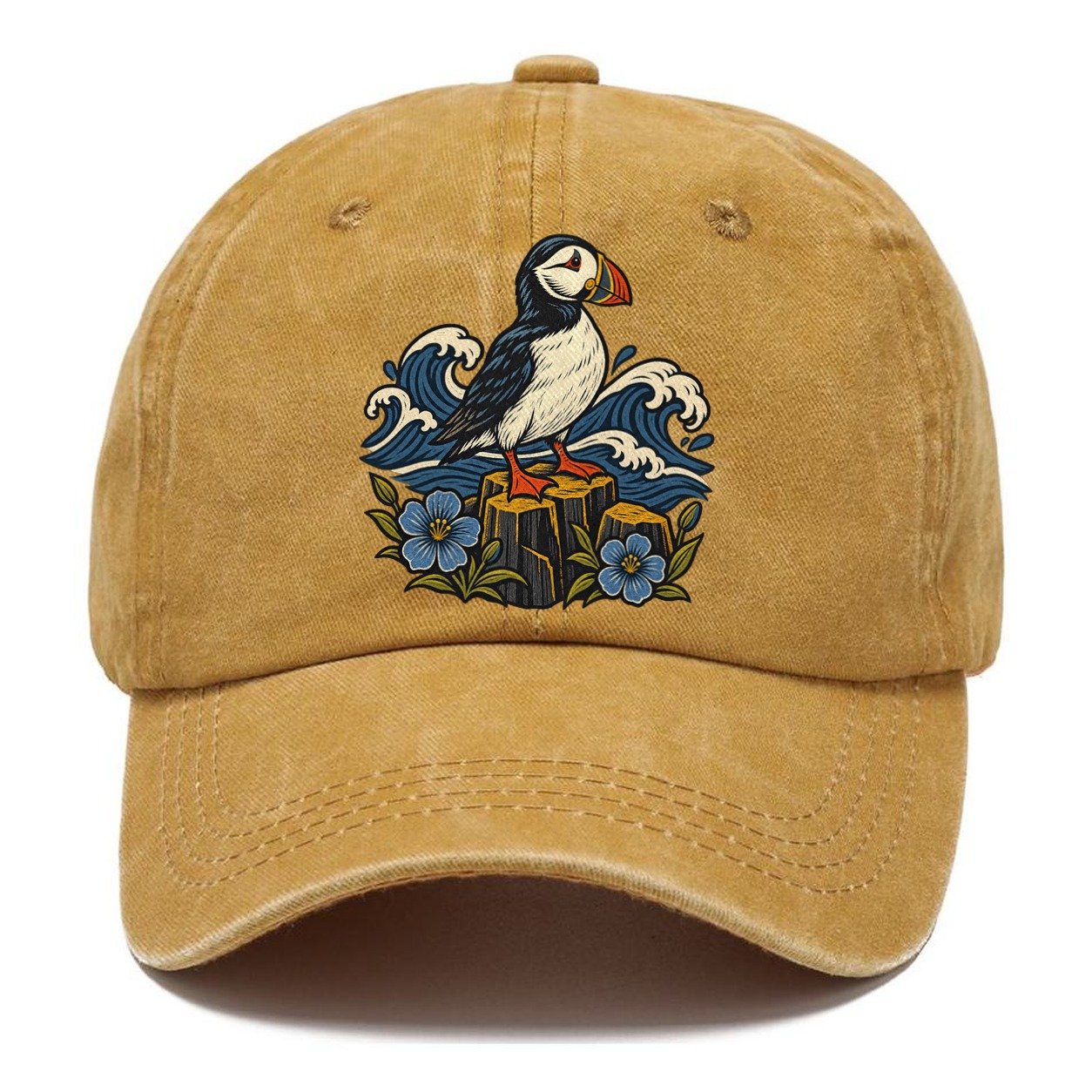 Causeway Coast Puffin And Flax Flowers Uk Culture Heritage Classic Cap – Golden Harvest