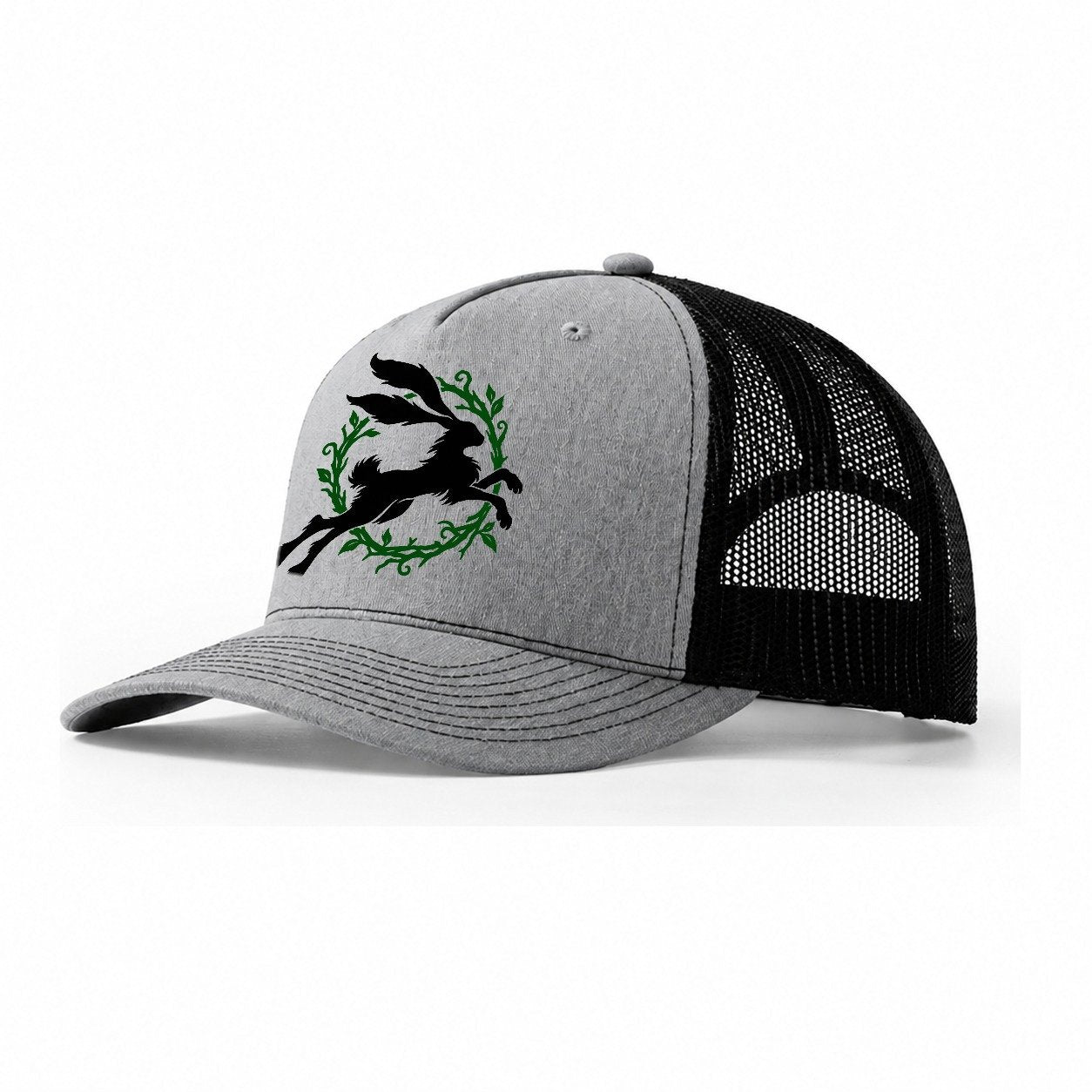 Celtic Hare Familiar Witch Magic Trucker Hat – Sport Grey Black