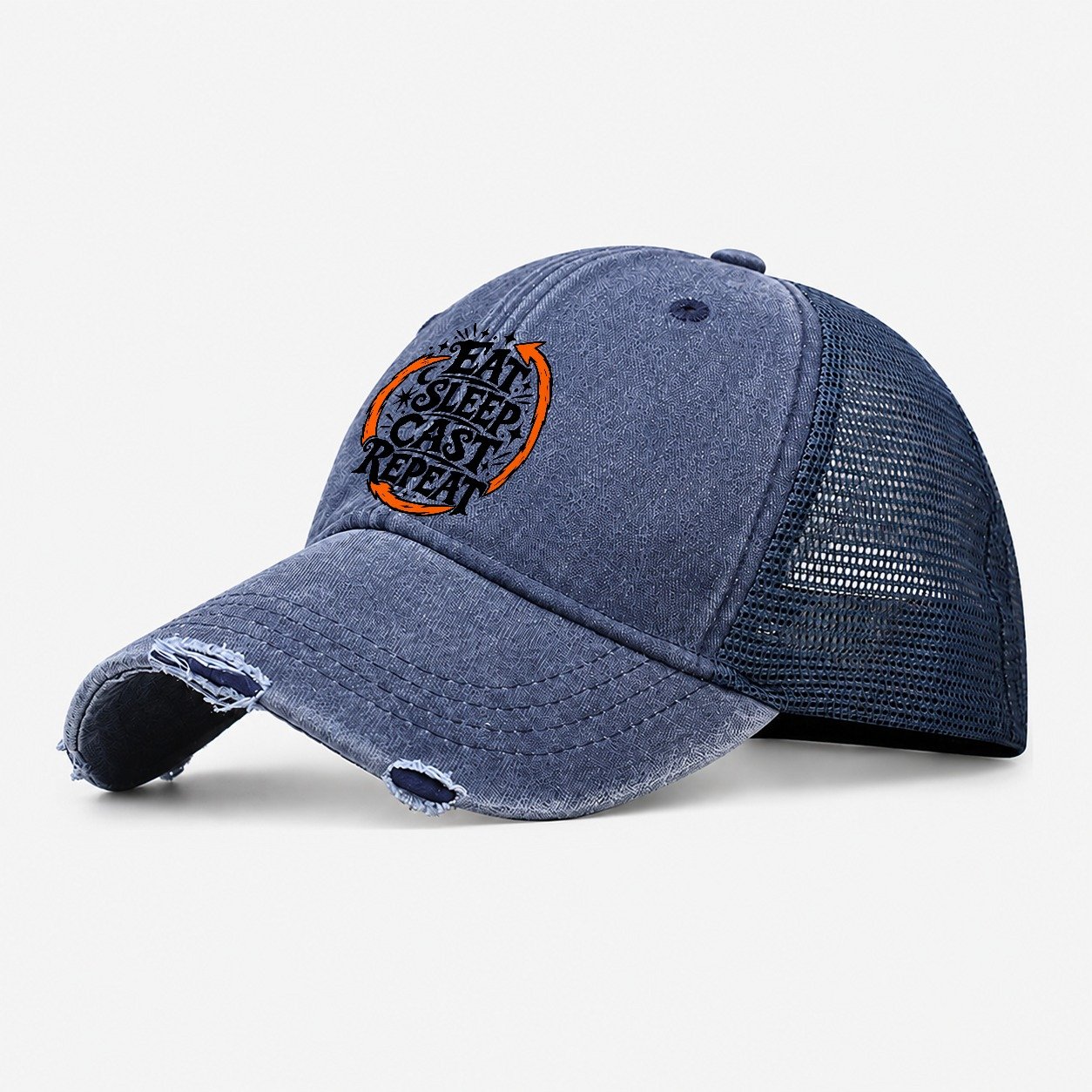 Eat Sleep Cast Repeat Slogan Witch Magic Washed Trucker Hat – Navy