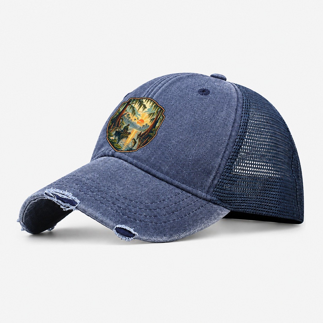 Bayou Cypress Still Water Fishing Club Washed Trucker Hat – Navy