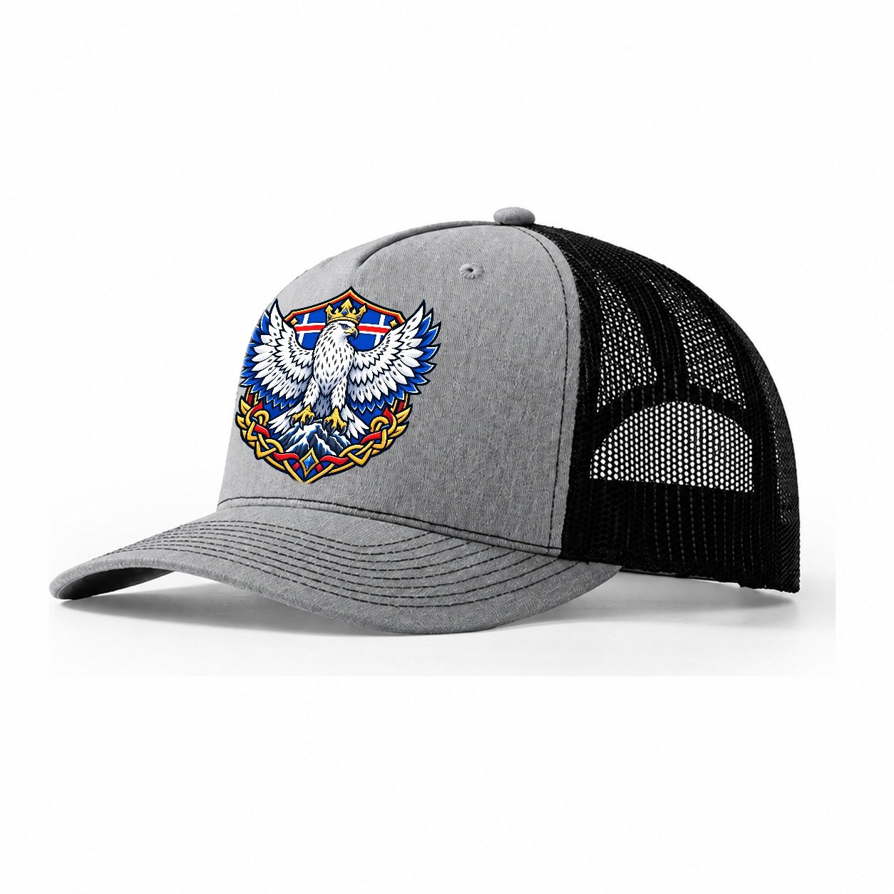 Iceland Heraldic Crest Country Logos Trucker Hat – Sport Grey Black