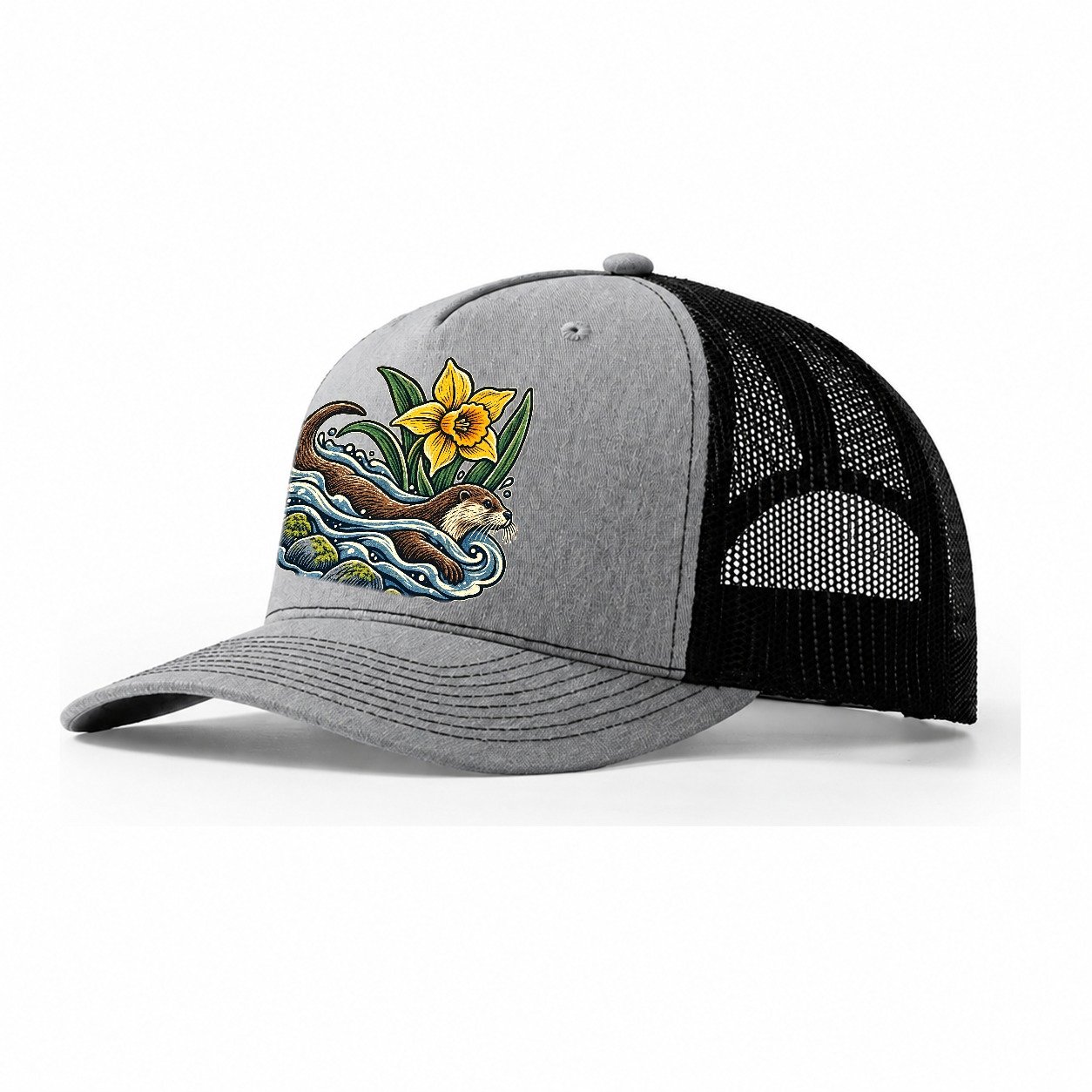 Welsh Otter And Daffodil Stream Uk Culture Heritage Trucker Hat – Sport Grey Black