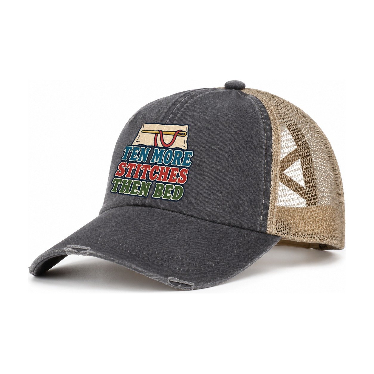 Ten More Stitches And Needlework Women's Ponytail Trucker Hat – Charcoal Khaki
