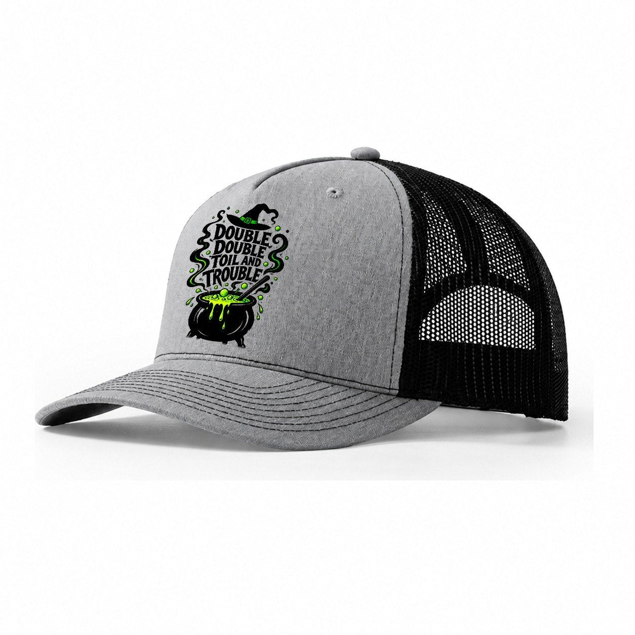 Double Double Toil And Trouble Slogan Witch Magic Trucker Hat – Sport Grey Black