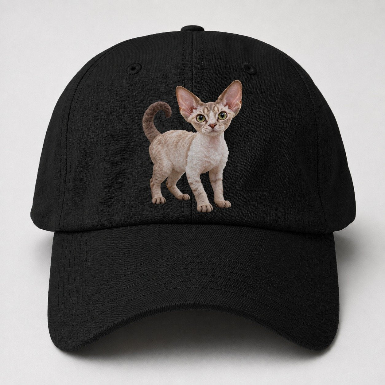Devon Rex Standing Three Quarter Realistic Cat Portrait Baseball Cap – Black