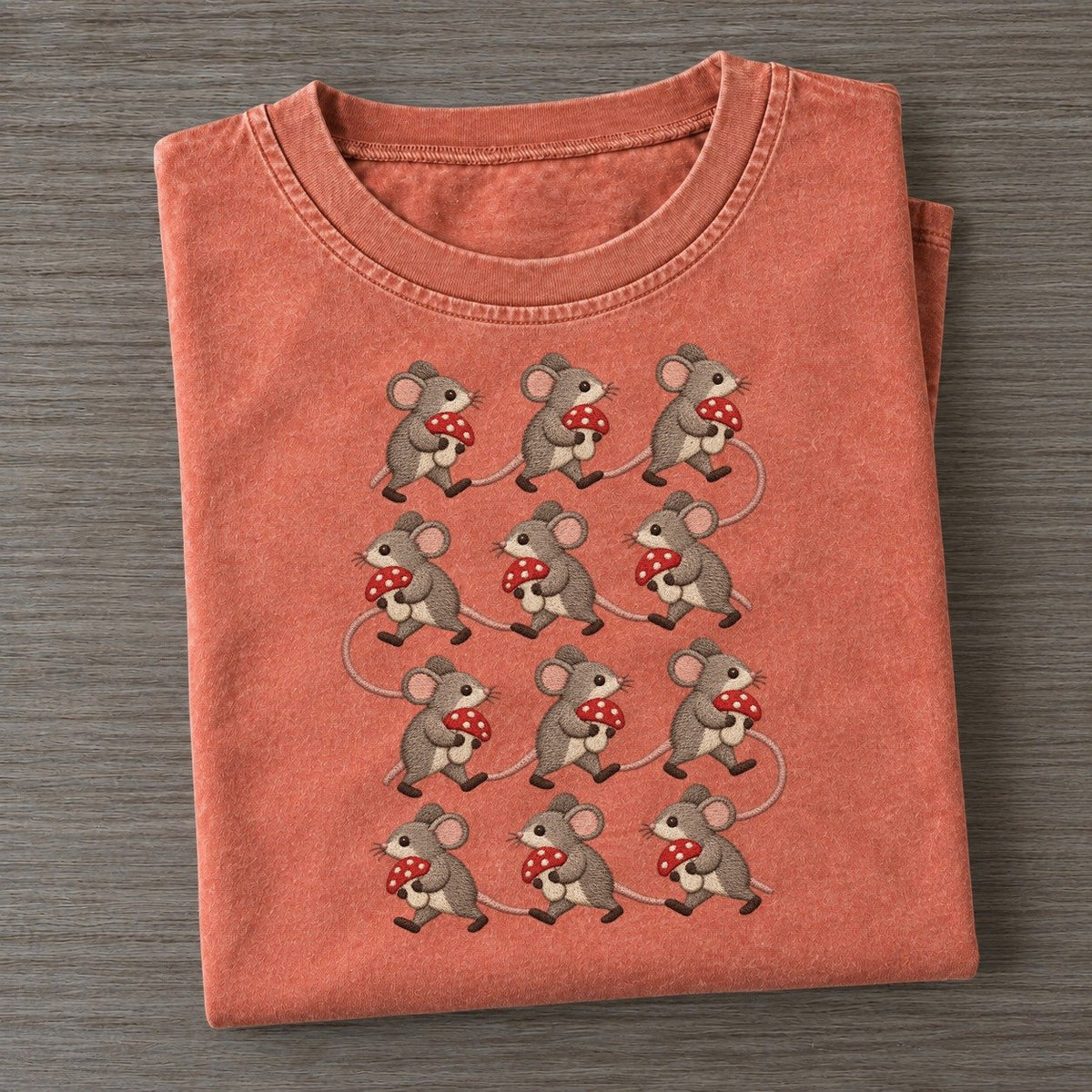 Mice With Mushrooms Single File Vintage T-shirt – Terracotta