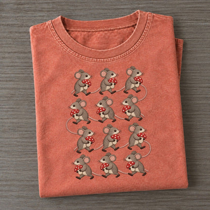 Mice With Mushrooms Single File Vintage T-shirt – Terracotta