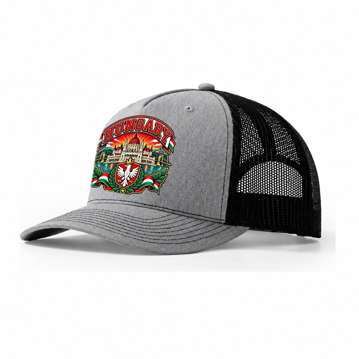 Hungary Retro Badge Country Logos Trucker Hat – Sport Grey Black