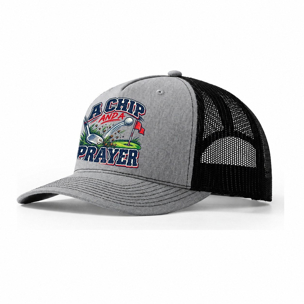 A Chip And A Prayer Golf Life Trucker Hat – Sport Grey Black