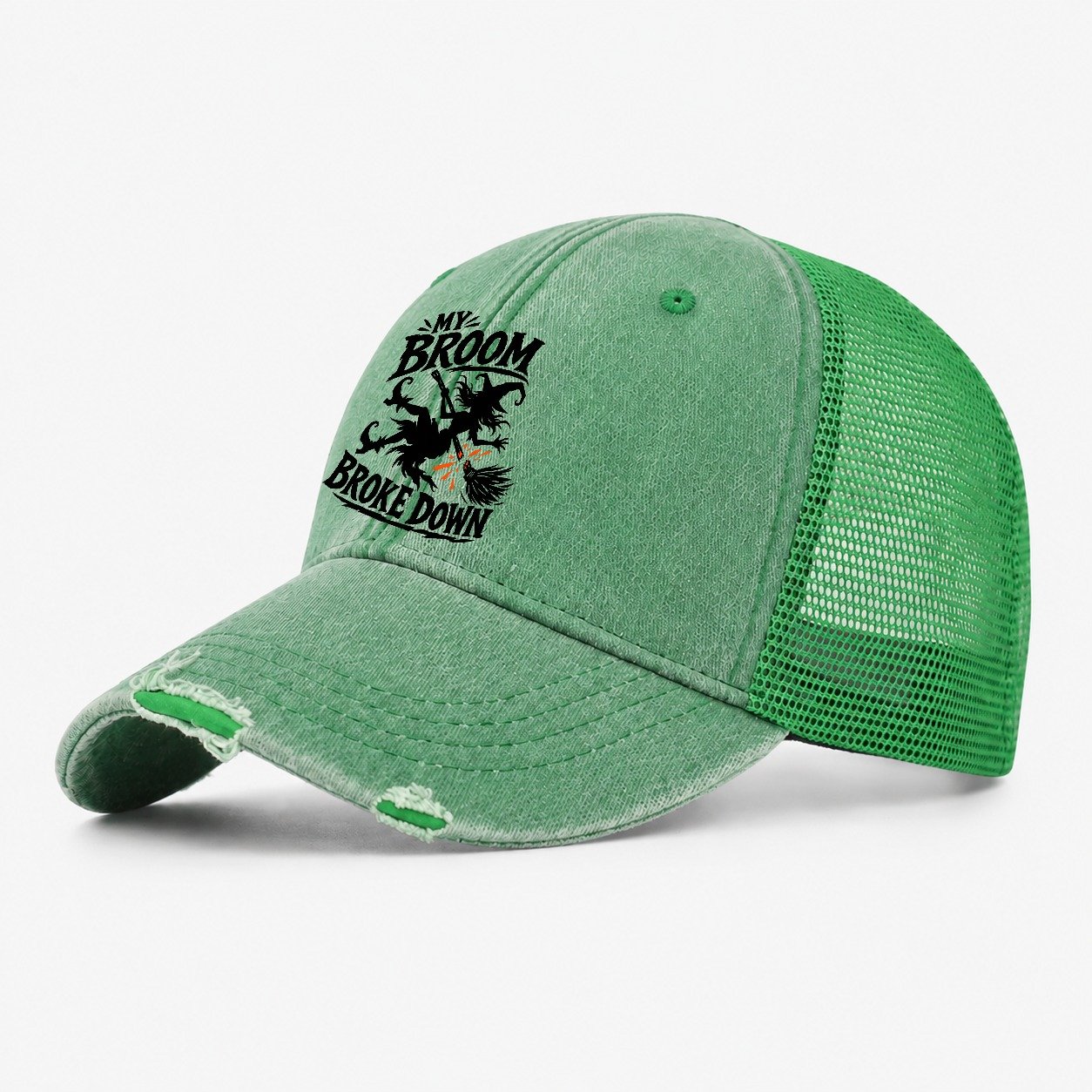 My Broom Broke Down Slogan Witch Magic Washed Trucker Hat – Ink Green