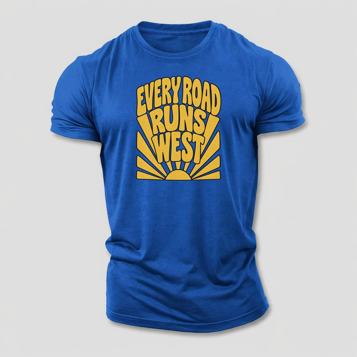 Every Road Runs West Sunburst Sayings Cotton T-Shirt – Royal Blue