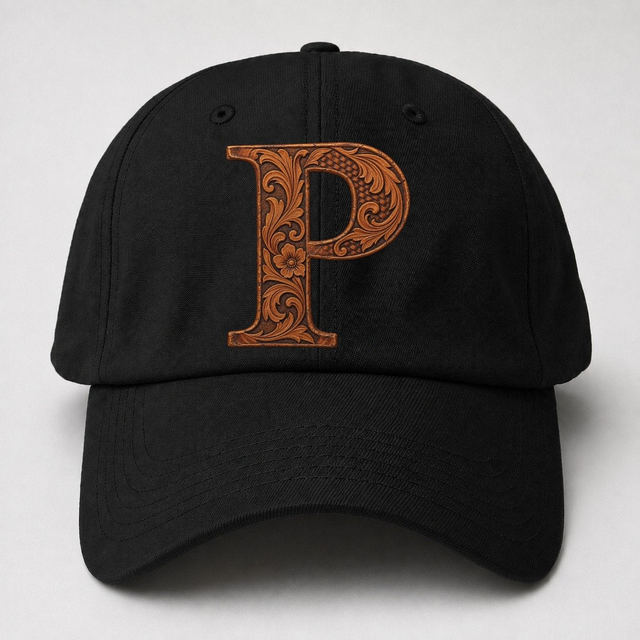 Tooled Leather P Monogram Baseball Cap – Black
