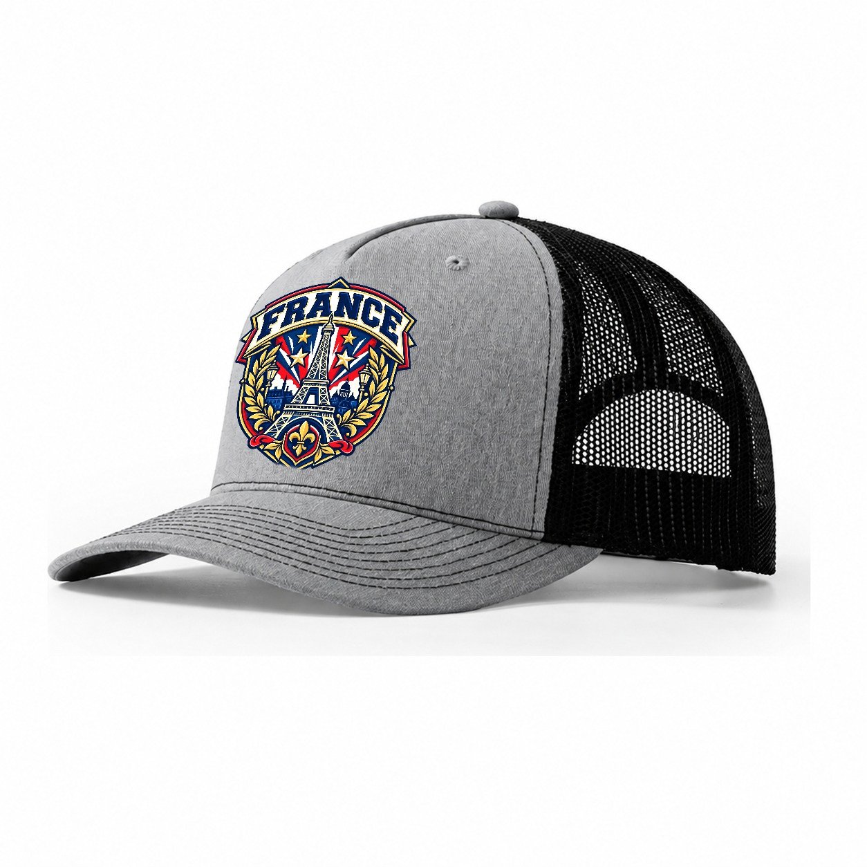 France Retro Badge Country Logos Trucker Hat – Sport Grey Black