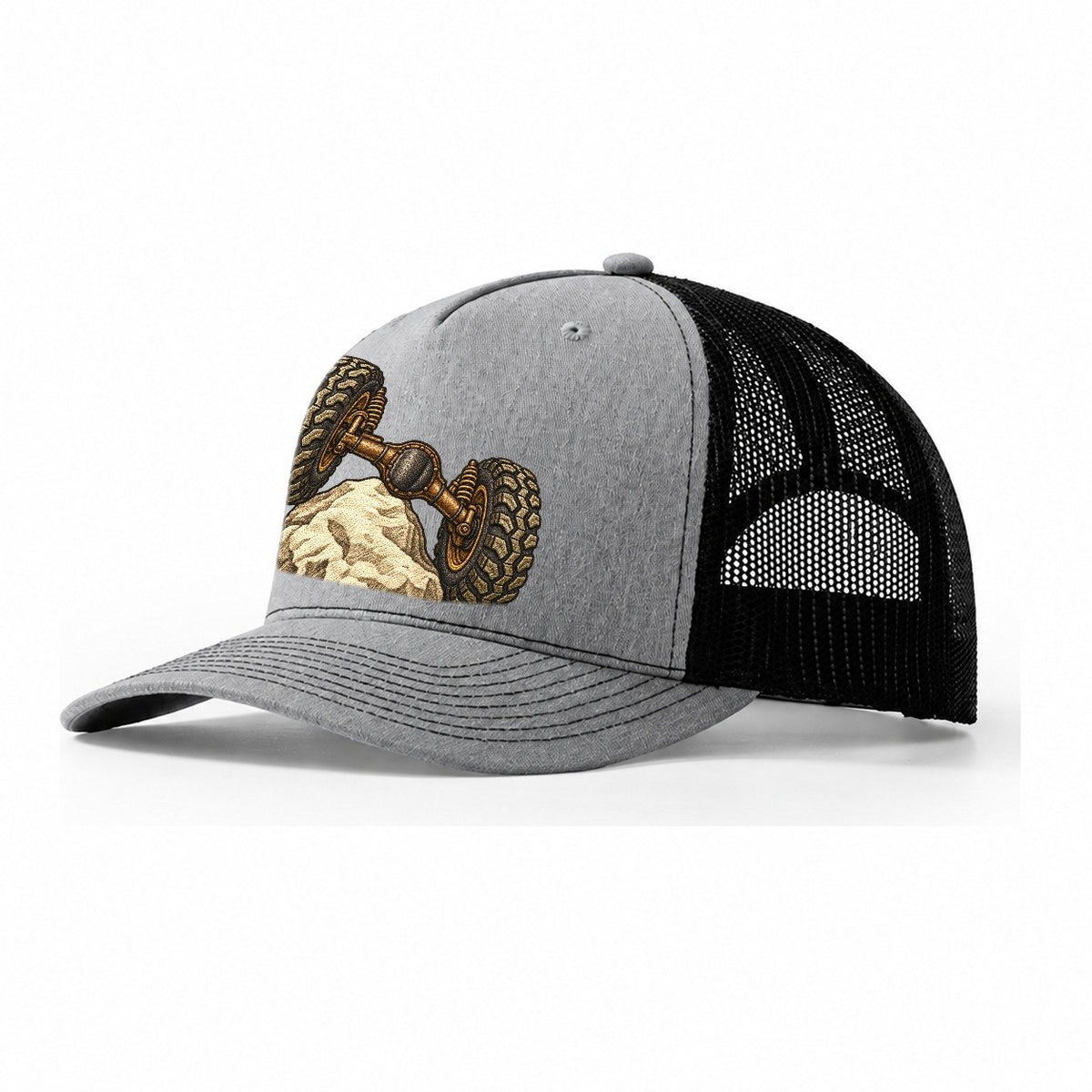 Articulated Axle Over A Rock Off Roading And Overlanding Trucker Hat – Sport Grey Black