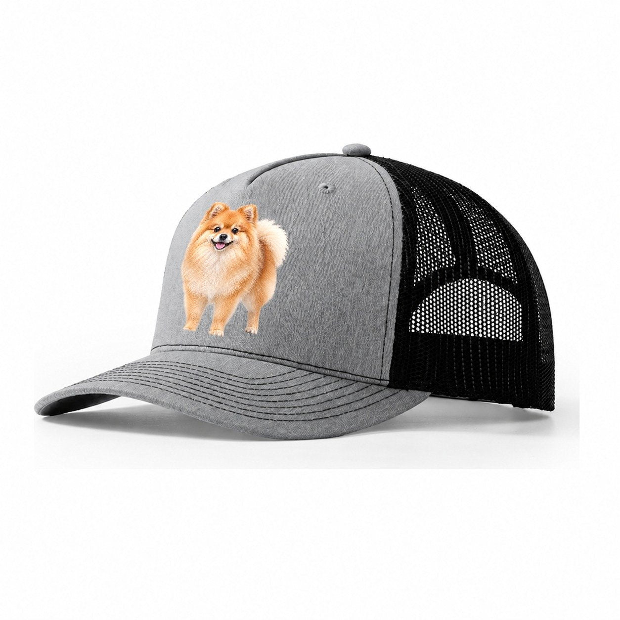 Pomeranian Standing Top Breeds Trucker Hat – Sport Grey Black
