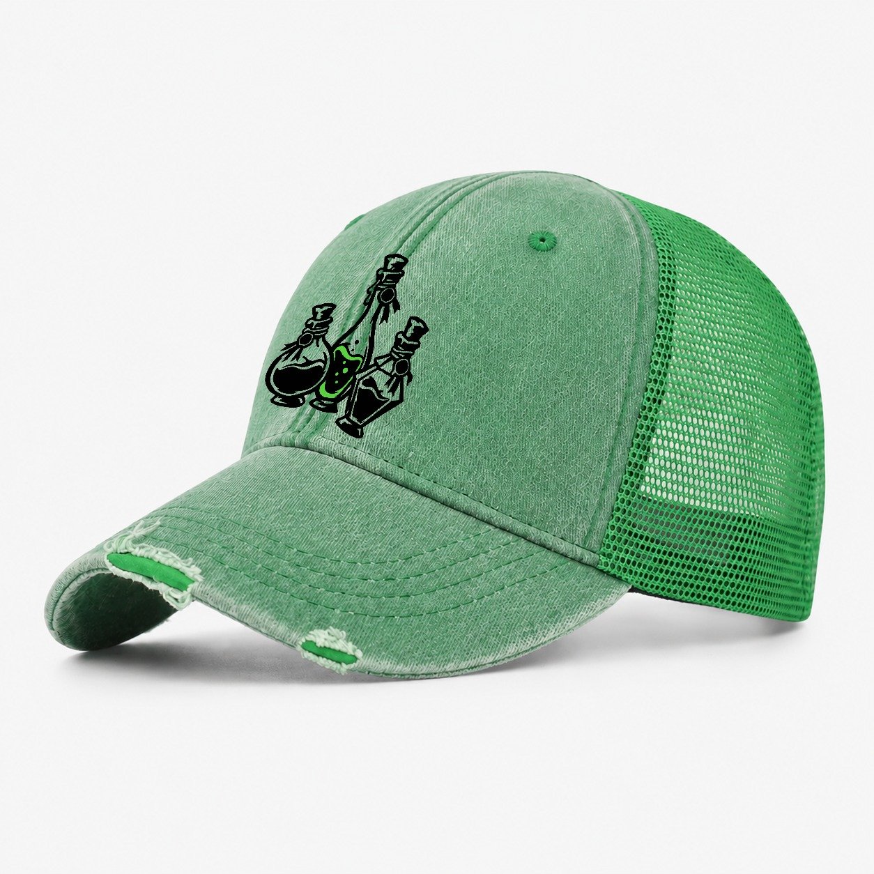 Apothecary Potion Bottle Trio Witch Magic Washed Trucker Hat – Ink Green