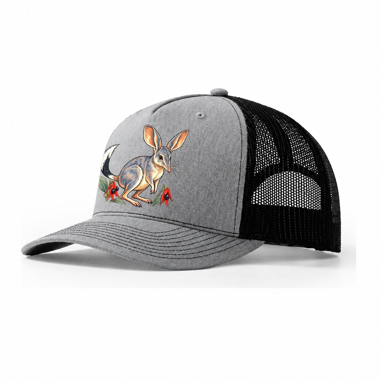 Greater Bilby And Sturt Desert Pea Australia Cultural Icons Trucker Hat – Sport Grey Black