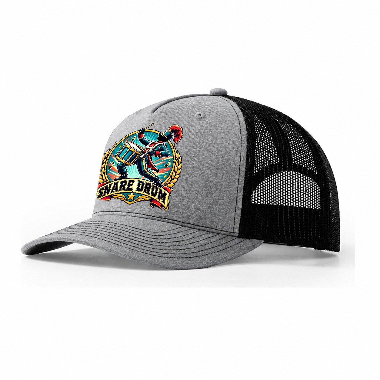 Snare Drum Crest Music Instruments Trucker Hat – Sport Grey Black