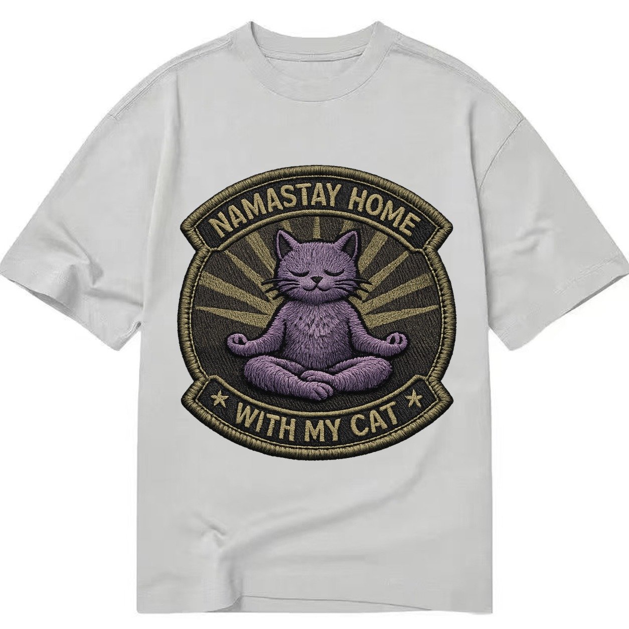 Embroidered Patch Design Namastay Home With My Cat Yoga Cat Classic T-shirt – Grey