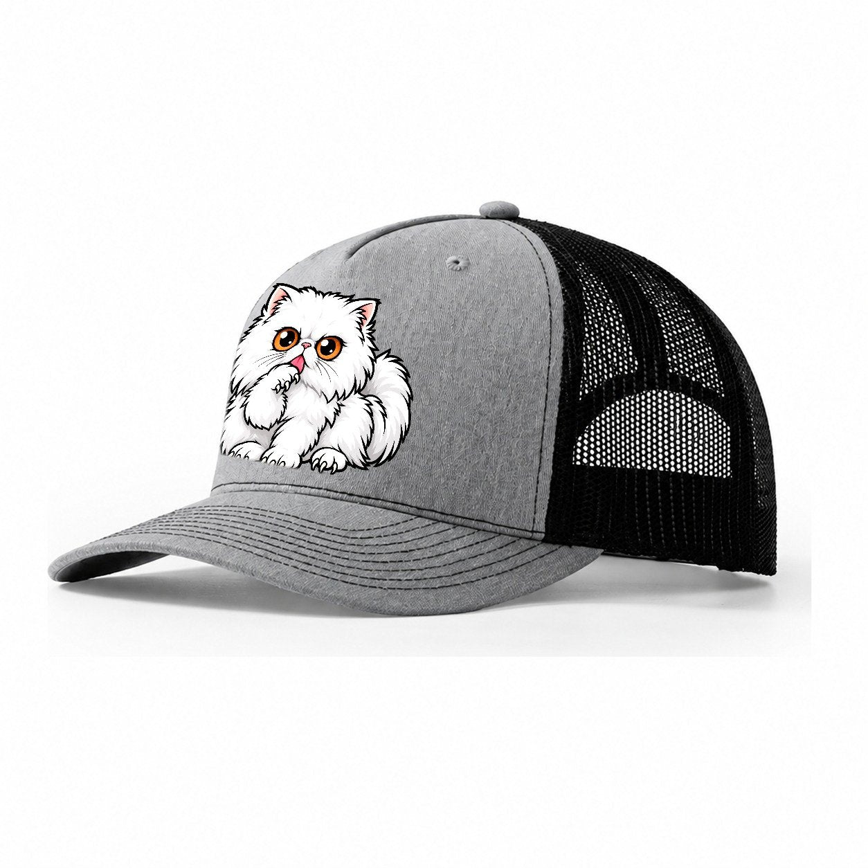 White Persian Grooming Peeking Cats Trucker Hat – Sport Grey Black