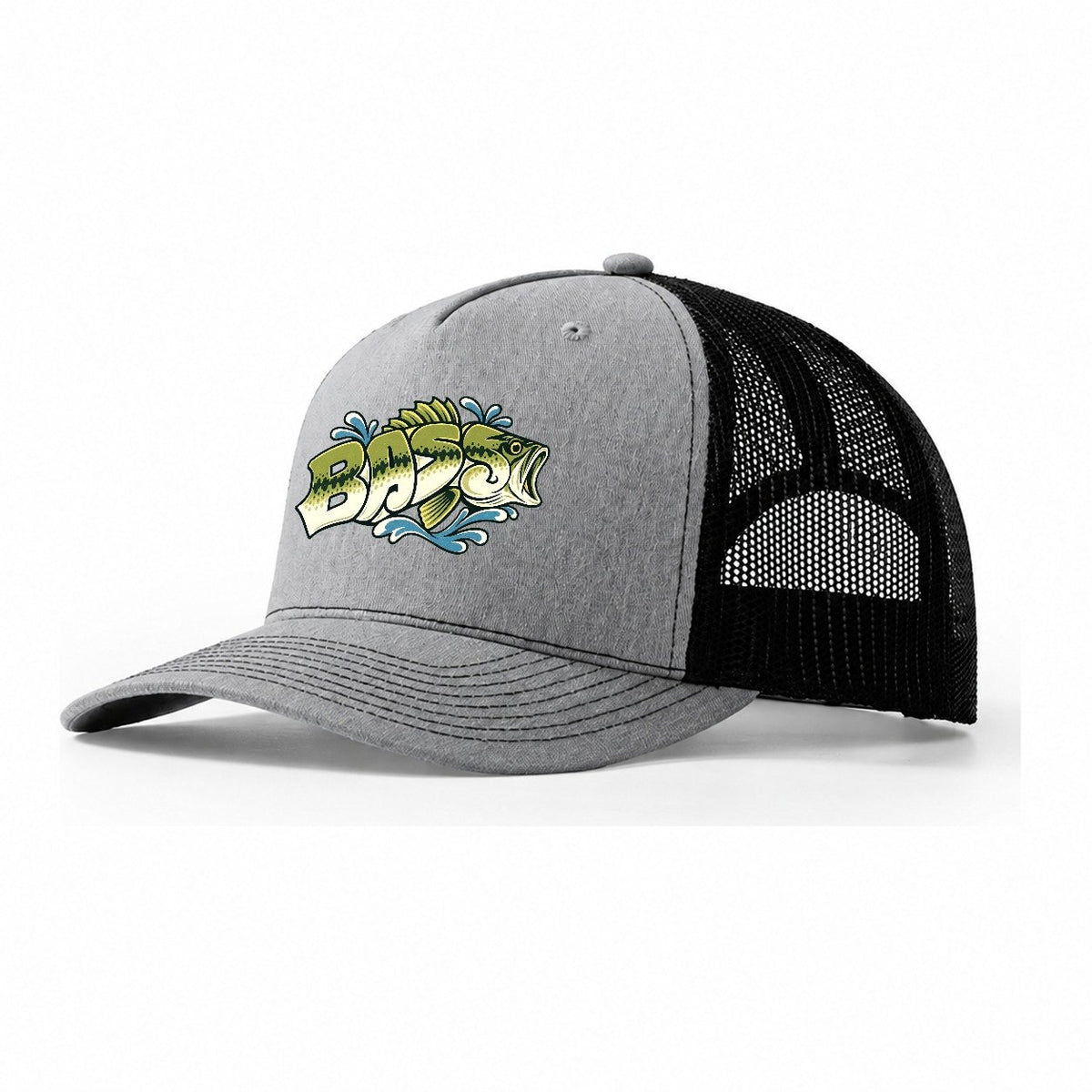 Bass Fish Lettering Trucker Hat – Sport Grey Black
