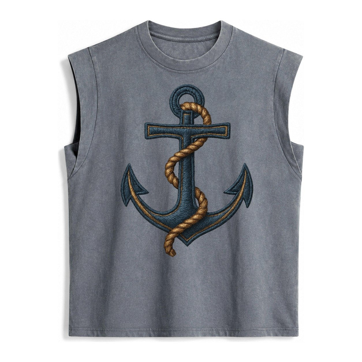 Anchor And Rope Nautical Illustration Vintage Washed Tank – Grey
