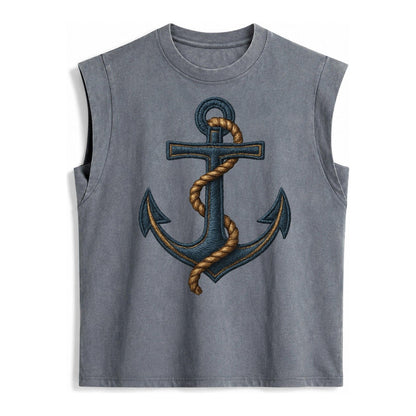 Anchor And Rope Nautical Illustration Vintage Washed Tank – Grey