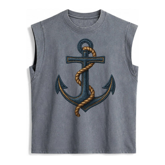 Anchor And Rope Nautical Illustration Vintage Washed Tank – Grey