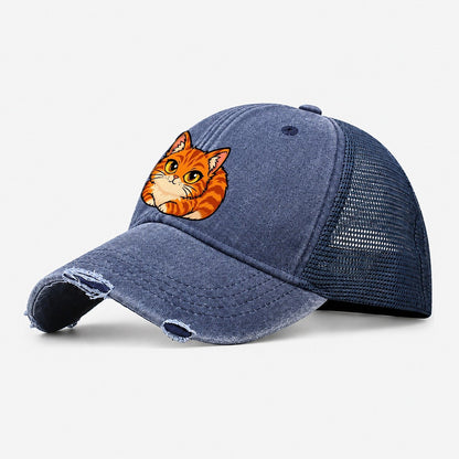 Orange Tabby Loafing Peeking Cats Washed Trucker Hat – Navy