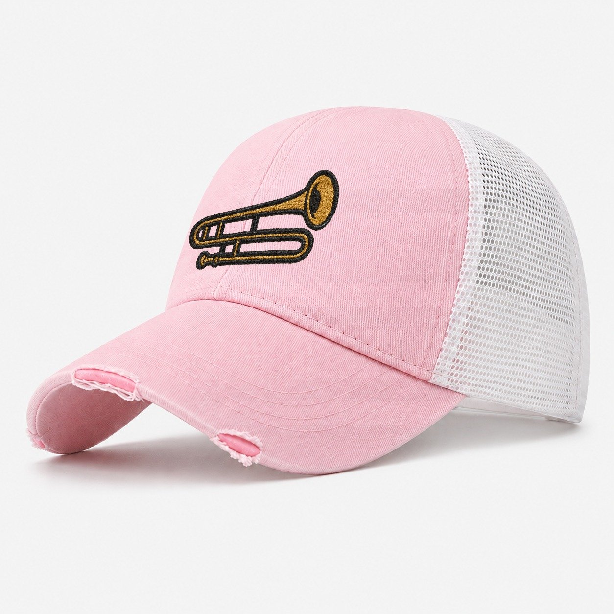 Trombone Brass Trombone With Slide And Bell Washed Trucker Hat – Light Pink