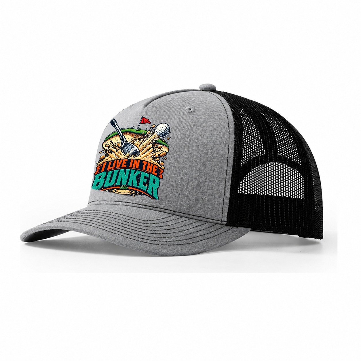 I Live In The Bunker Golf Life Trucker Hat – Sport Grey Black