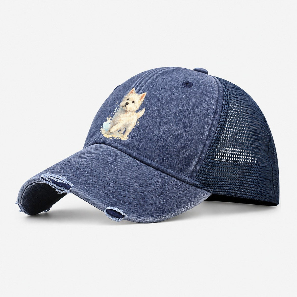 Westie Watercolor Portrait Washed Trucker Hat – Navy