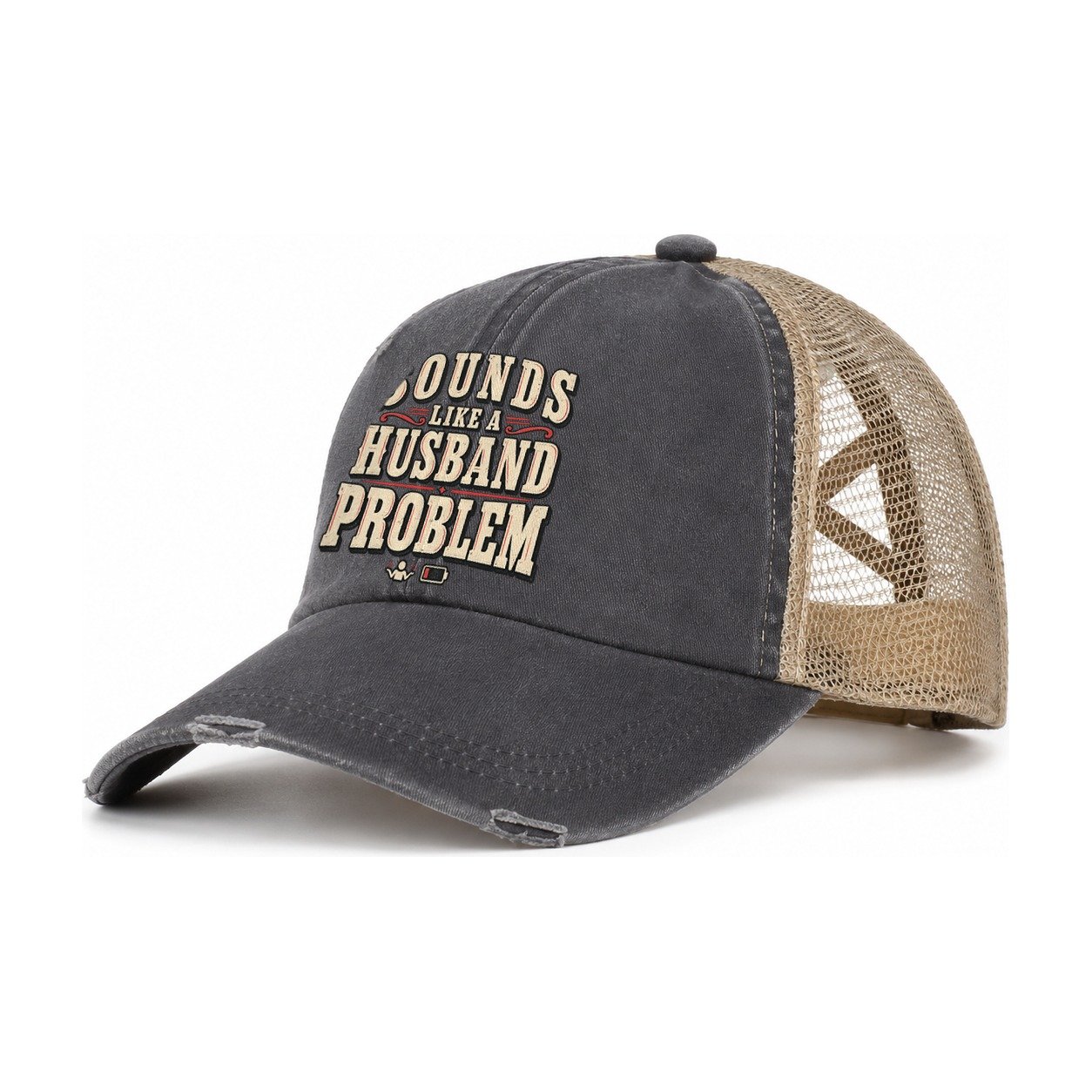 Sounds Like A Husband Problem American Wit Women's Ponytail Trucker Hat – Charcoal Khaki